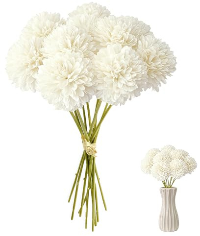 Kokoie 12 Stück Künstliche Hortensien Kunstblumen, 29 cm Länge Künstliche Kugel-Chrysanthemen, Chrysantheme Kunstblumen Blumen für Hochzeitsstrauß Home Garden Party Office Arrangements(Weiß)