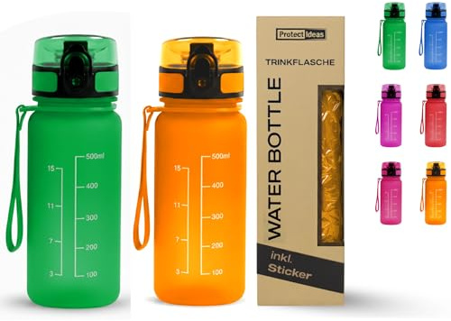 2 Stück Trinkflasche Kinder Auslaufsicher 0,5L – BPA-Frei Wasserflasche 500ml für Schule, Sport, Fitness – Geschmacksneutral, Leicht, Trinkflasche Mit 12 Aufklebern für Kinder (2 Stück Orange-Grün)