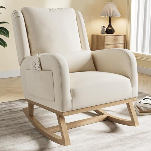 Lazyspace Schaukelstuhl mit Holzkufen & Seitentaschen, Beige Relaxstuhl Sessel Stuhl Wohnzimmersessel Schaukelsessel Leinen Gepolsterter Stillsessel für Wohnzimmer Schlafzimmer Babyzimmer, bis 150 kg