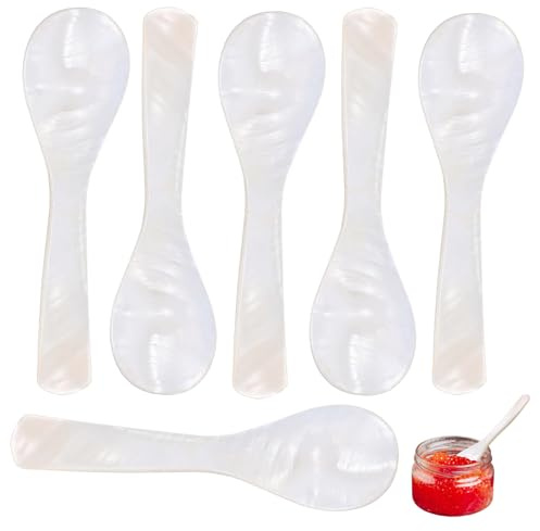 6 Pcs Mother-of-Pearl Shell Caviar and Dessert Serving Spoons | Lightweight Round-Handle Tableware For Ice Cream, Condiments And Elegant Dining