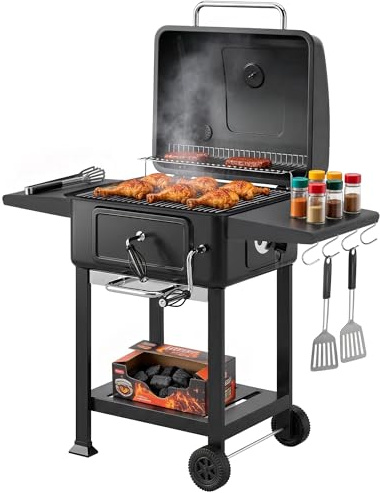 Outsunny Charcoal BBQ Grill with Adjustable Charcoal Pan, Large Barbecue Grill Smoker with Warming Rack, Side Tables, Chimney, Vents, Wheels and Temperature Gauge, Portable for Outdoor Cooking, Black