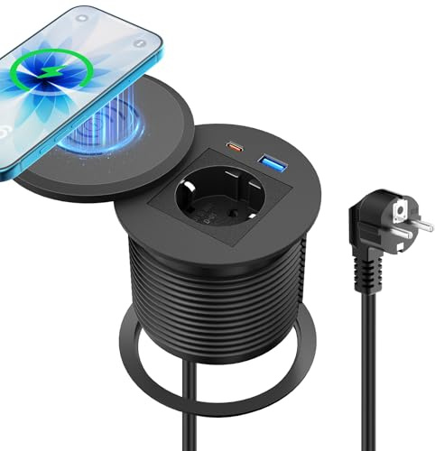 Prise encastrable Plan de Travail avec Charge Qi15 W, USB-C PD 30W, Ø80 mm | Multiprise encastrable avec 1 prise, USB-A QC 18 W, couvercle rotatif anti-poussière, câble 2 m, bureau et cuisine, noir