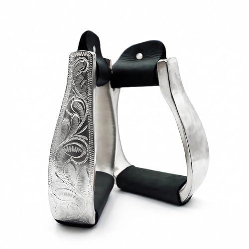 SanBluff Western Horse Steigbügel aus robustem Aluminiumguss, 11,4 cm, handgraviert, poliertes Echtleder, für Reiten, Schwarz