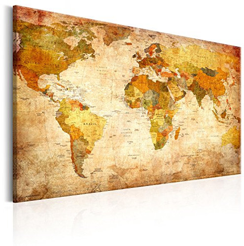 Pinnwand B&D XXL - Weltkarte Pinnwand & Leinwandbild 90x60 cm - 1 Teilig - Kunstdruck modern Wandbilder XXL Wanddekoration Design Wand Bild - Kontinent Landkarte Karte Reise Vintage