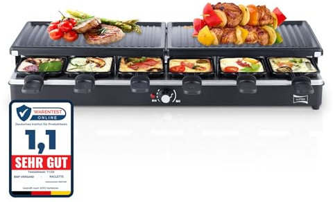 Raclette Grill für 12 Personen - Tischgrill Grillplatte Elektrogrill 2 Grillplatten - 12 Pfännchen - 1350 Watt Antihaftbeschichtung - Großer Party Grill