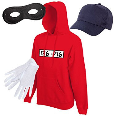 Alsino Panzerknacker Fan Kostüm Outfit Hoodie Maske Set Cap Handschuhe Einbrecher Bankräuber Verkleidung, Größe wählen:L