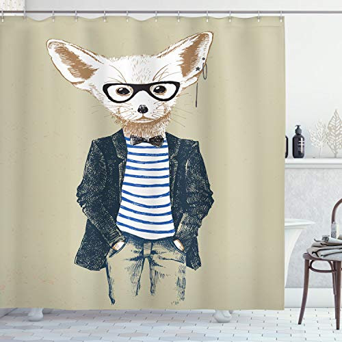 ABAKUHAUS Hipster Duschvorhang, Kühle Fennec mit Ohrringe, Stoffliches Gewebe Badezimmerdekorationsset mit Haken, 175 x 200 cm, Pale Khaki Mehrfarbig