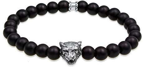 Kuzzoi Buddha Herren Steinarmband aus schwarzem Onyx Edelstein Perlen (8 mm) und Tigerkopf Anhänger in 925 Sterling Silber elastisch, Länge 21 cm