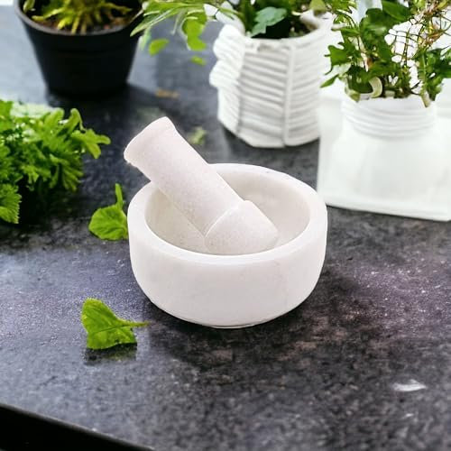 SAUDEEP INDIA Ensemble de mortier et pilon en granit blanc en marbre Imam Dasta, Ohkli Musal, Kharal ou Khalbatta ou mélangeur et broyeur pour cuisine blanc, 10,2 x 7,6 cm