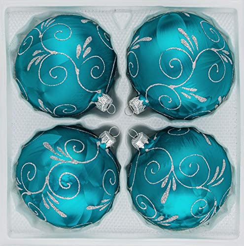 4 TLG. Glas-Weihnachtskugeln Set 8cm Ø in 'Ice Petrol-Türkis Silber Ornamente'- Christbaumkugeln - Weihnachtsschmuck-Christbaumschmuck 8cm Durchmesser