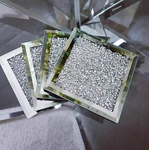 Lot de 4 dessous de verre modernes en cristal et miroir avec strass écrasés 10 x 10 cm