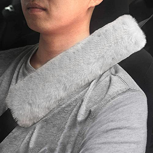 GAMPRO Auto-Sicherheitsgurtpolster, Abdeckungs-Set, 2er-Pack, 33 cm, Kunst-Rex-Kaninchenfell, weich, bequem, Auto-Sicherheitsgurtgurt, Schulterpolster für Erwachsene und Kinder (Hellgrau)