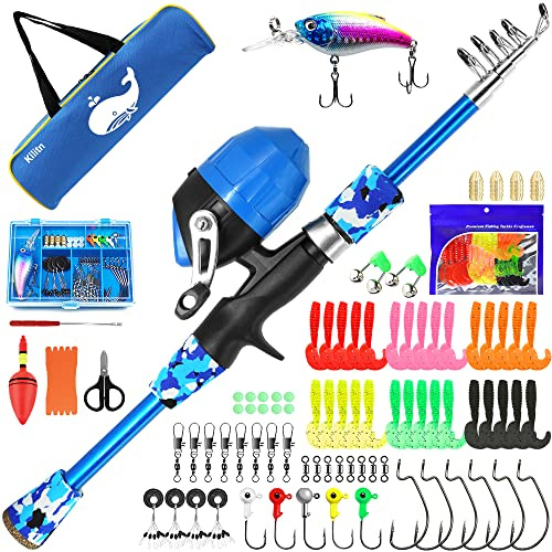 Kilitn Angelsets für Kinder - 86 teilig, Teleskop-Angelrute und Spincast Angelrollen Komplettset mit Angelzubehör Box und Reisetasche für Jungen, Mädchen, Jugend, Starter