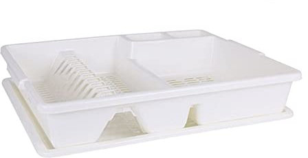 Escurreplatos de plástico color blanco, escurridor de platos, 8.5 x 47 x 38 cm