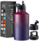 FineDine Triple Walled, Insulated Water Bottles with Straw - 64 Oz Stainless Steel Metal Bottle W/ 3 Leak Proof Lids - For Travel, School, Sports, Gym / Men, Women & Kids - Dreamy Purple