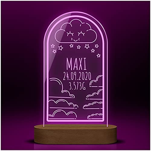 CHRISCK design Wolke Nachtlicht Schlummerlicht mit LED-Licht mit USB-Kabel | Aus Acryglas & Holzsockel mit individueller Wunsch-Gravur | Tolles Geschenk für Taufe Kindergeburtstag Geburt