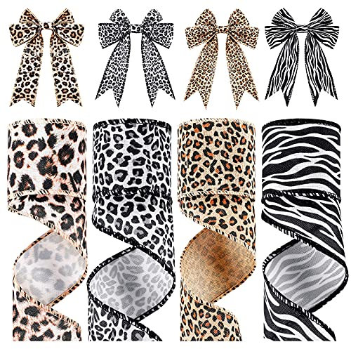 Waydress 4 Rollen 5,1 cm 20 Meter Leopardenmuster Band Dschungeltier Zebra Gepard Safari Band Polyester Drahtrand Ornamente dekorative Verpackung für Zuhause DIY Handwerk Kranz Schleife Geschenkpapier