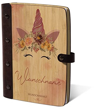 Kartenmachen.de Notizbuch Tagebuch individuell mit UV-Druck Bambus Cover mit Echtleder Rücken 72 Blätter | 144 Seiten DIN A5 hoch 158 x 222 mm - Einhorn