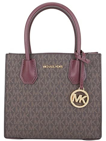 Michael Kors Mercer Medium Messenger Bag MK Signature Merlot Brown Leather