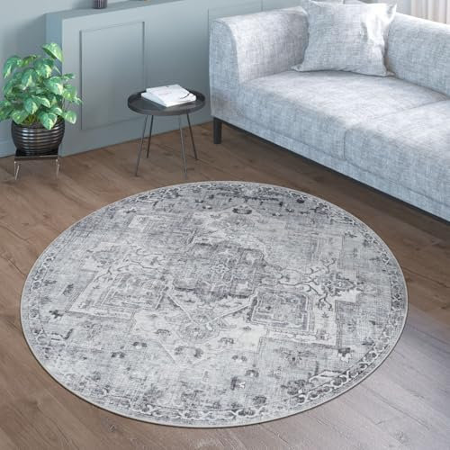 TT Home Wohnzimmer Teppich Flachgewebe Marokkanisch Design Used Look Ornamente Waschbar, Farbe: Grau 3, Größe:200 cm Rund