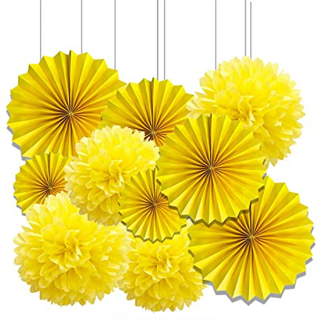 Vsosfiza Yellow Hanging Paper Fan and Tissue Paper Pom poms(10 Pieces)