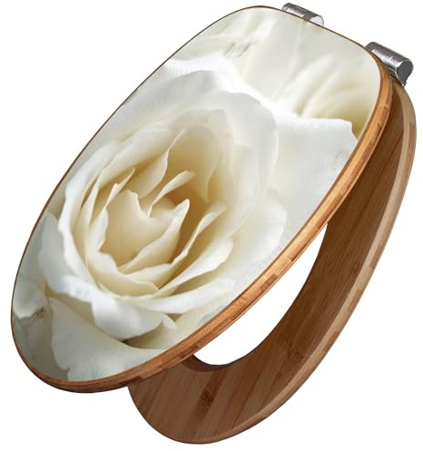 banjado Design WC Sitz Bambus Absenkautomatik 45,8x37,5cm - Toilettendeckel mit Absenkautomatik Holz - hochwertiger Bambus Klodeckel - WC-Sitz für gängigen Toiletten - Motiv White Roses
