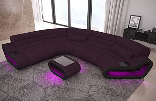 Sofa Wohnlandschaft Concept C Form - mit LED Beleuchtung, verstellbare Kopfstützen, Ottomane/Mikrofaser/Ausrichtung wählbar (Ottomane Links, Schwarz-Lila)