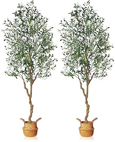 MOSADE Artificial Olive Tree 7 Feet Fake Olive Silk Plant and Handmade Seagrass Basket, Perfect Tall Faux Topiary Silk Tree for Indoor Entryway Modern Decor Home Office Porch Balcony Gift,2Pack