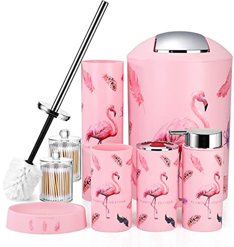 OTOSTAR Bathroom Accessory Set 8 Pcs Pink Flamingos Bathroom Accessories Set Bathroom Set with Trash Can Soap Dispenser Toothbrush Holder Tumbler Soap Dish Toilet Brush Holder Qtip Holder (Flamingo)