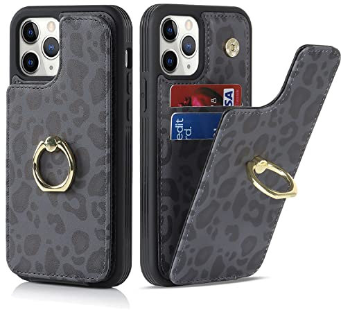 Cavor Phone Case compatible with iPhone 11 Pro Max Case With Card Holder,Flip Folio Leather Wallet Case,Ring Kickstand Shockproof Cover Case compatible with iPhone 11 Pro Max - Black Leopard