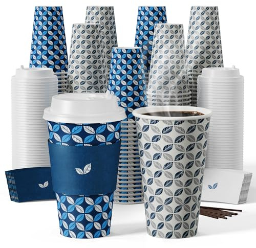 JOLLY CHEF 16 oz Coffee Cups with Lids 100 Pack, Disposable Hot Paper Coffee Cups with Lids, Sleeves and Stirrers for Christmas, Thanksgiving, Party