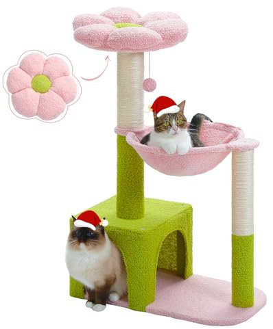 MUTTROS Flower Cat Tree with Large Metal Frame Hammock, 35 Cute Cat Tower with Sisal Scratching Posts for Small Indoor Cats, Cat Condo with Pink Top Perch for Kittens, Pink