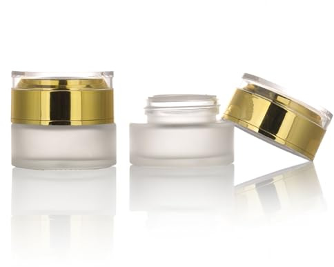 COSIDEA 50pcs Empty 1 OZ/30g Round Frost Glass Jars pot with Gold acrylic lids, Cream Jar Refillable Cosmetic Travel Containers for Lip Balm, Ointments, Lotion Packing