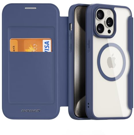 DUX DUCIS Magnetic Case for iPhone 15 Pro Max, [Compatible with MagSafe] Premium Flip Leather Card Holder with RFID Blocking Clear Shockproof Phone Case Cover for Apple iPhone 15 Pro Max (Deep Blue)