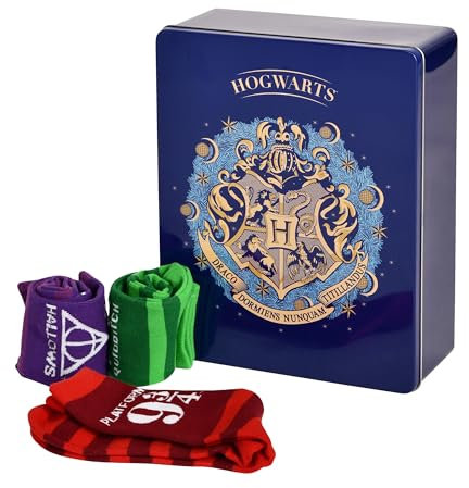 Elbenwald Harry Potter Magischer Socken Adventskalender zum Befüllen in schicker Metall-Geschenkbox 2024 12 Paar Socken verschiedene Motive mit Leine (2,50 m), Sticker und Klammern blau - 40-43
