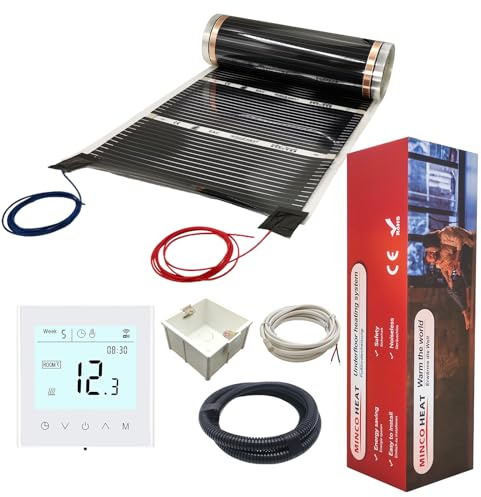 MincoHeat 140W/m2 Pre-attached Heating Film with WiFi Thermostat Kit 3m2 | Includes flush mount boxes, corrugated pipe, 3m temperature sensor, easy installation, energy saving, for underfloor heating