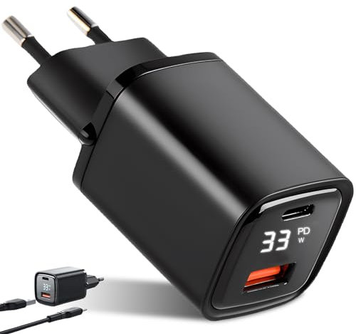 Leikurvo 33W USB C Schnellladegerät mit LED Display, 2 Port USB Ladegerät QC PD Netzteil Universal Ladeadapter USB C Ladegerät Kompatibel mit Handys, Kamera, Tablets usw (Schwarz)