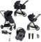 Babymore Mimi Travel System Coco i-Size Black Car Seat with ISOFIX Base - 3 in 1 Pram Pushchair, Easy Folding & Convertible Carrycot to Pushchair Seat with Adaptors, Foot Muff, Rain Cover & Cup Holder