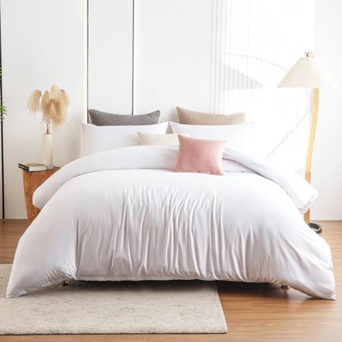 Soifox Super King Duvet Cover White, Microfiber Solid Superking Bedding Duvet Cover Set with 2 Matching Pillowcases, Ultra Soft Non Iron Breathable (Super King (220 x 260 cm))