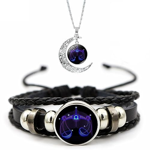 Spirilet Bracelet Zodiac Manifestation, Zodiac Signs Spirit Bracelet, Multilayer Adjustable 12 Constellation Weave Leather Bracelets and Moon Pendant Necklace for Men Women Girls Jewelry Gifts Set