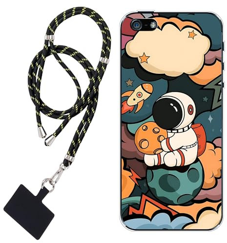 WUACYEAMING Hülle für iPhone 5/5S/SE(2016),Mode Chic Muster Ultra Dünn TPU Silikon Schutzhülle Slim Case Cover Anime Pilot Rakete+1*Tragbares Universal-Lanyard