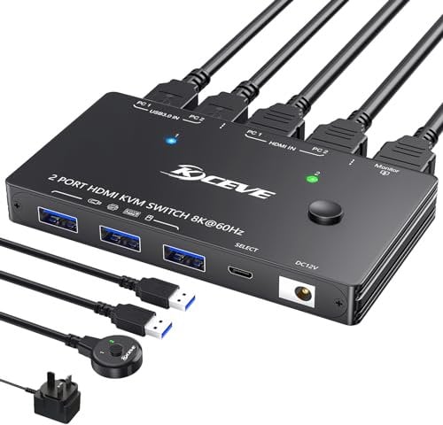 YOUTINGHDAV KVM Switch 2 Computers 1 Monitor 8K@60Hz, USB 3.0 KVM Switch 4K@120Hz, HDMI 2.1, HDCP 2.3, 2 Computer Share 1 Monitor and Keyboard Mouse, with Wired Remote and 2 USB Cable