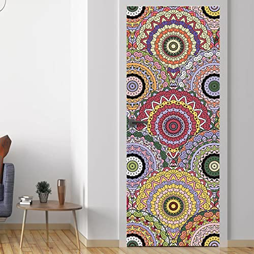 MULBEVD 3D-Türtapete Selbstklebend Geeignet für Wohnzimmer Zimmerwanddekoration Türposter Selbstklebend Mandala-Kunst Türfolie (DM135) 90 x 200 cm