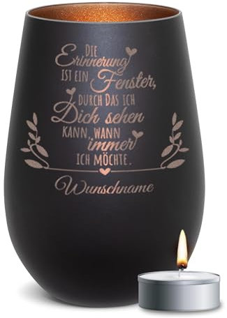 PR Print Royal Trauer Windlicht mit Gravur - Die Erinnerung - mit Name gravieren - Trauergeschenk, Gedenklicht, Geschenke für Trauernde | inkl. Teelicht, 450 ml, Schwarz/Bronze