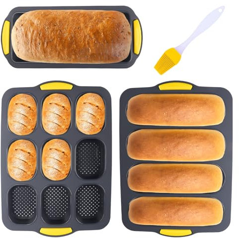 Lot de 3 moules à baguette en silicone anti-adhésif pour la cuisson, y compris 9 moules à pain perforés pour hamburger, 4 moules à pain français et 1 plaque de cuisson à pain long