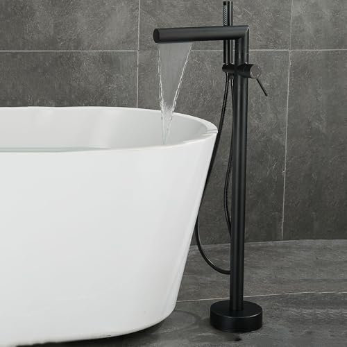 Robinet Sur Pied Baignoire Ilot Cascade avec Douchette Rotation 360° Poignée Unique Mitigeur de Douche au sol,noir
