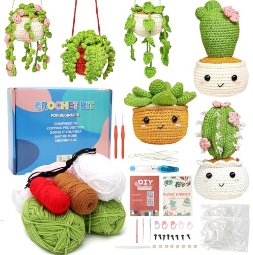RANJIMA Häkelset für Anfänger, Kaktus Häkelset DIY Set mit Häkelnadeln und Tasche Kaktus Hänge Häkelset für Anfänger Kinder Erwachsene für DIY-Handarbeiten Geburtstagsgeschenk