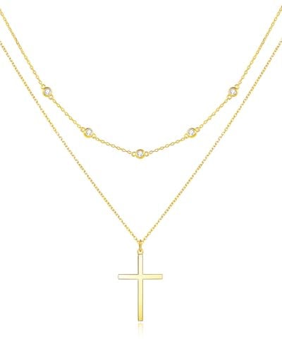FANCIME Layered Kette Damen mit Kreuz Anhänger, 14K Gelbgold Vergoldet Personalisierte Zarte Mehrreihige Halskette, 925 Sterling Silber Halskette Schmuck für Damen Mädchen