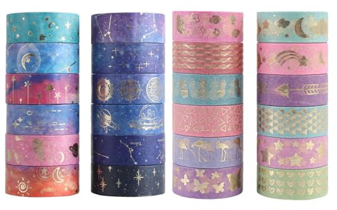 Washi Tape Set Cinta Adhesiva Decorativa Starry Sky Cinta Adhesiva Decorativa Washi Tape Set Gold Foil Masking Multi-Patrón Washi Tape Decorativa Masking Tape Constelación 24 Rollos
