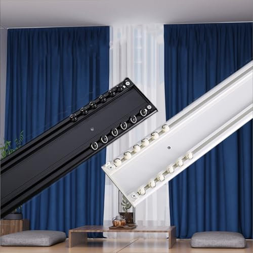 Ultra Dünn Gardinenschiene Vorhangschiene 2-läufig Schwer Verbundene Doppelspur Deckenmontage Aluminium 1-5M Komplettset mit Zubehör für Wohn- und Schlafzimmerdecke für Gardin(Size:2m,Color:Schwarz)